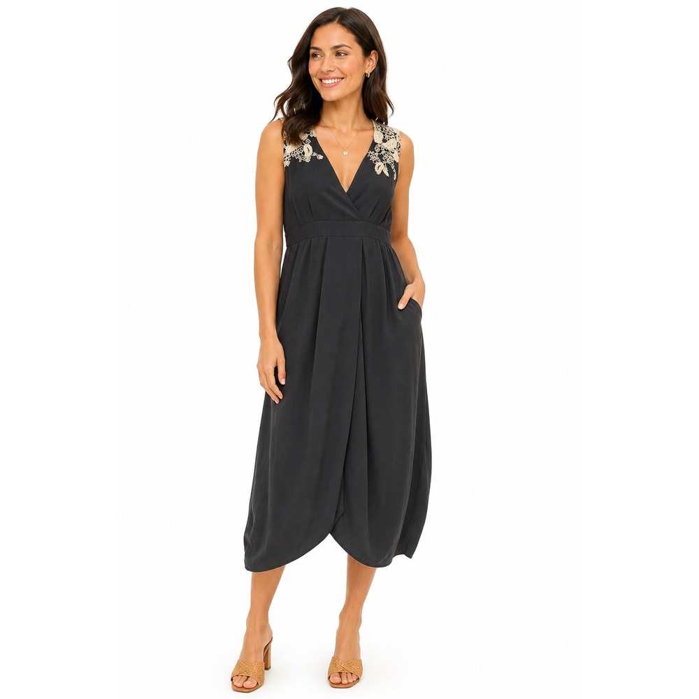 Anthropologie Meadow Rue Dress Women 4 Black Sleeveless V-Neck Lace Tulip Hem